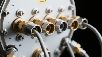 Close-up of industrial connectors and cables on a metallic panel