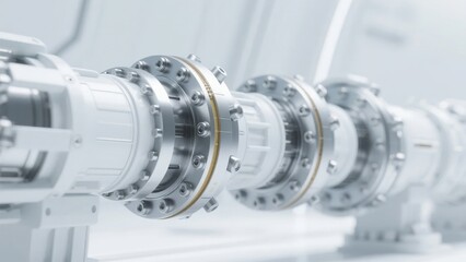 Close-up view of industrial piping with flanged connections in a clean, modern facility