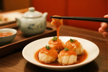 Chopsticks lifting a piece of steamed scallop with sauce from a plate, garnished with herbs, served on a wooden table with tea set in background