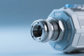 Close-up of a precision mechanical component with metallic connector and hexagonal housing