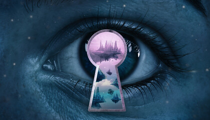 A Surrealist Artwork Of A Human Eye That Is Also A Keyhole, With A Mysterious Landscape Visible Through It.