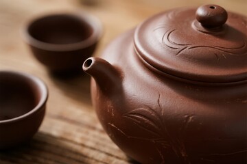 Close-up of a traditional clay teapot with two matching tea cups on a wooden surface