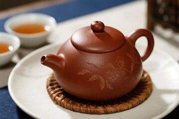 A traditional clay teapot with floral engraving sits on a woven coaster, accompanied by small tea cups filled with tea.