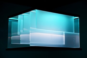 Glowing glass box with blue light inside dark background