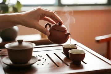 Hand pouring hot tea from a clay teapot into small cups on a wooden tray with steam rising