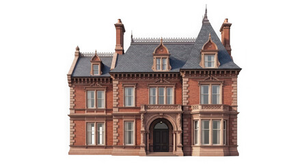 Fototapeta premium Beautiful red brick mansion with gray roof isolated on transparent background