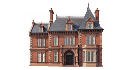 Beautiful red brick mansion with gray roof isolated on transparent background
