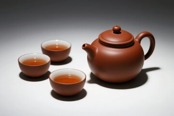 Clay teapot and three matching tea cups filled with tea on a neutral background