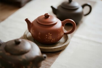 Traditional clay teapots arranged on a table with calligraphy inscriptions