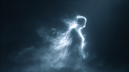 A mysterious glowing ethereal figure emerging from a hazy environment. The figure is an outline of a person, radiating light