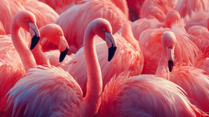 Close-up macro shot of iridescent salmon-hued flamingos in a dense flock, showcasing their vibrant plumage and graceful forms.