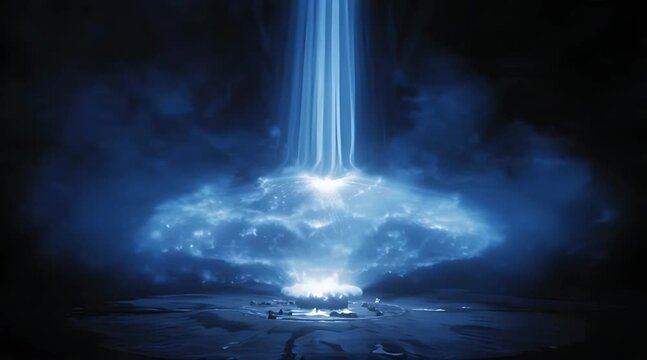 Blue sci-fi energy beam striking the ground with shockwave and smoke particles