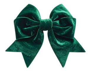 Large, emerald green velvet bow, featuring textured fabric and a central knot, isolated on black