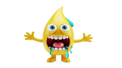 Scared Yellow Droplet Character with Blue Water Droplets