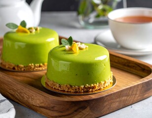Two round green glazed desserts with nuts, tea, and teapot on wood tray