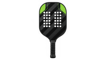 Black pickleball paddle with green accents isolated on transparent background