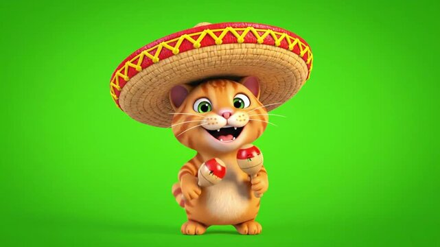 A happy cartoon cat wearing a sombrero and holding maracas dances energetically against a green screen background for fun.