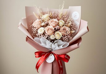 Beautiful bouquet of pink and cream roses with baby's breath and dried flowers pink roses