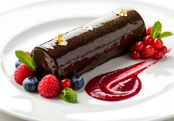 Chocolate Log Cake with Berries and Mint Garnish Keywords: chocolate cake, log cake, dessert, pastry, sweet, food, gourmet, fine dining, chocolate