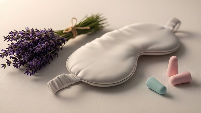 Penutup mata tidur, lavender, dan earplug tersusun bersama, melambangkan konsep tidur sehat dan rileks.