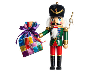 A wooden toy soldier, a nutcracker, holds a colorful gift bag against a blank background