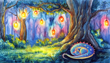 A Whimsical And Vibrant Watercolor Illustration Of A Magical Forest At Dusk, Where The Trees Have Glowing, Lantern-like Fruit And The Forest Floor Is Covered In A Carpet Of Luminous Moss. A Small, Fri