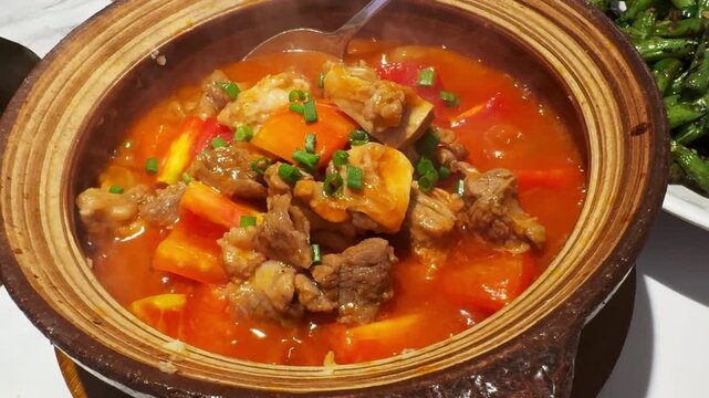 Served of portion of traditional Beef stew hot pod