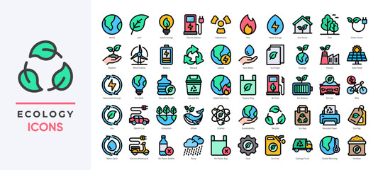 Fototapeta premium Ecology icons set featuring sustainability, renewable energy, recycling, environmental protection and more. Great for green projects, nature apps, and eco-friendly campaigns.