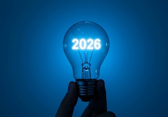 Hand Holding Light Bulb with 2026 Glowing Inside Keywords: light bulb, hand, holding, 2026, year, glowing, bright, illumination, idea, concept, future