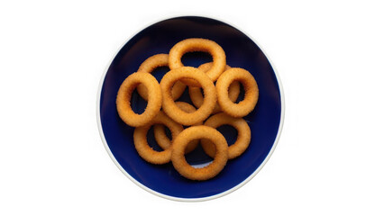 A plate of onion rings on a blue plate isolated on transparent background
