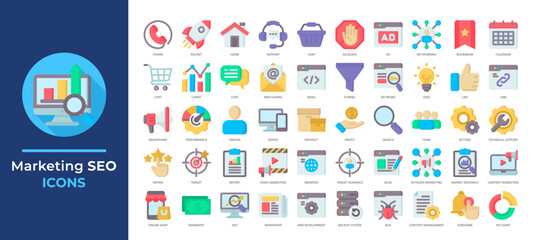 Marketing and SEO icons set collection including analytics, keywords, content, ads, optimization tools and more. Perfect for digital marketing, web design, and online business projects.