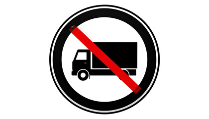 A round traffic sign with a black truck silhouette crossed by a red diagonal bar