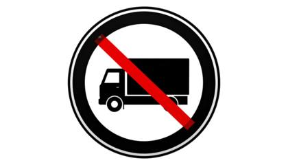 A round traffic sign with a black truck silhouette crossed by a red diagonal bar
