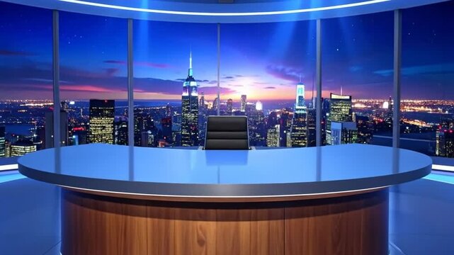 Stunning News Studio with Cityscape Backdrop and Modern Design.