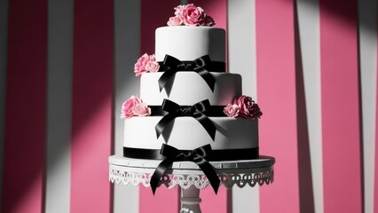 Three tier cake decorated with black bows and pink flowers