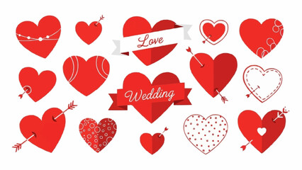 Collection of red hearts with arrows and ribbons for wedding and love themes.