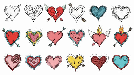 Collection of Hand Drawn Hearts with Arrows and Wings.