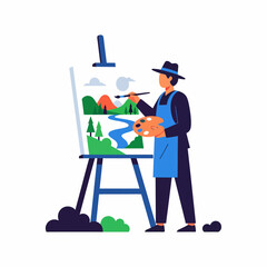 Artist Painting Landscape on Easel.