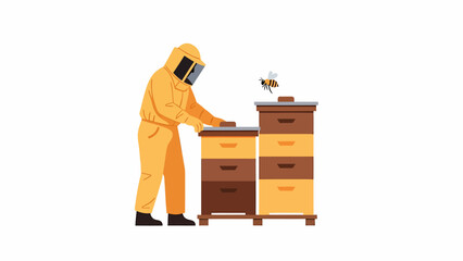 Beekeeper in protective suit working near dresser.