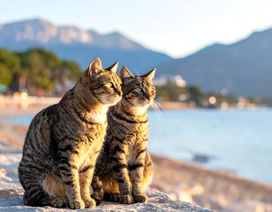 Two striped cats sit side-by-side, overlooking a calm sea and mountains
