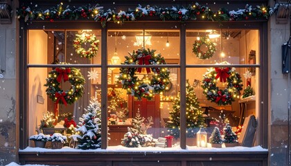 Festive window display, wreaths, lights, trees and snow creating a holiday scene