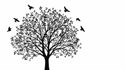 Silhouette of a large tree with birds flying around it.