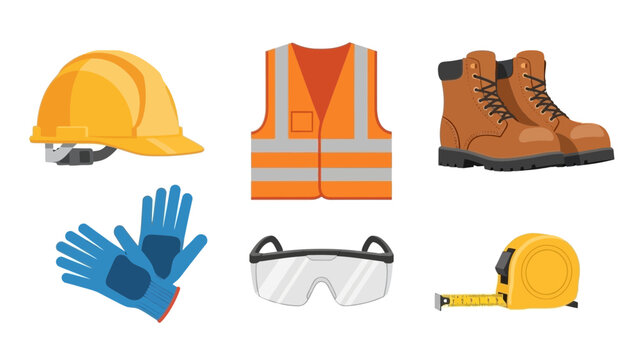Collection of essential construction safety equipment including a yellow hard hat protective vest work boots gloves goggles and measuring tape