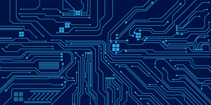 Blue technology circuit board background with digital connections and futuristic electronic lines. Computer motherboard with chips, processors, and semiconductors.