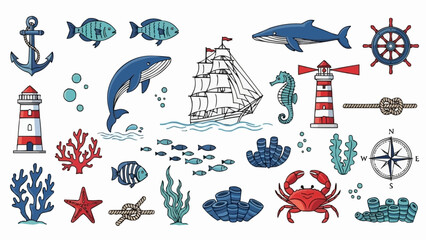 Nautical Themed Collection of Marine Life and Objects.