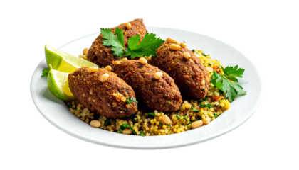 Plate of flavorful, cooked oval-shaped patties with a bed of grain & garnishes