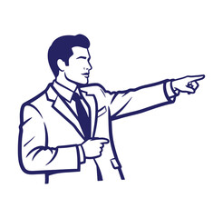 Fototapeta premium Confident businessman pointing direction with index finger wearing suit and tie isolated