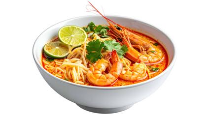 Close-up of a white bowl filled with spicy noodle soup featuring prawns and lime garnish