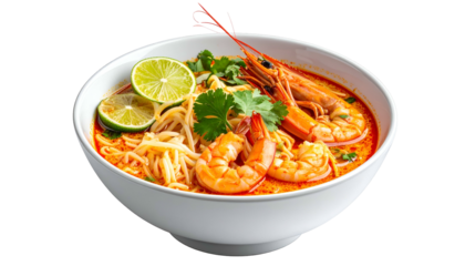 Close-up of a white bowl filled with spicy noodle soup featuring prawns and lime garnish