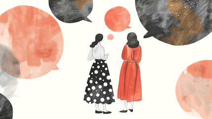 Watercolor-style illustration of two women talking with oversized speech bubbles in background